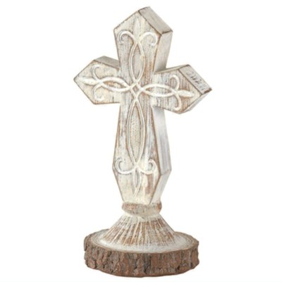 Antique Wood Tone Tabletop Cross, White  - 