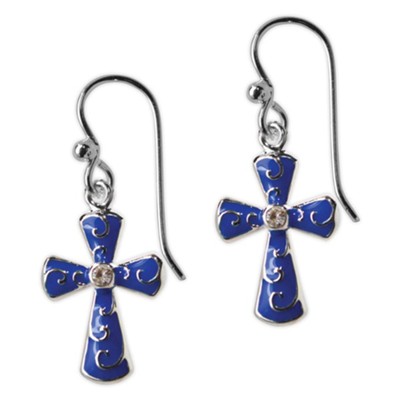 Painted Cross Earrings, Blue with Cubic Zirconia  - 