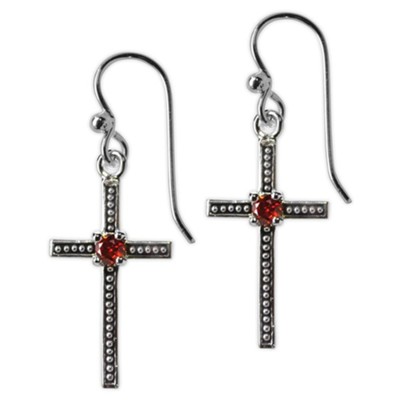 Thin Cross with Garnet Cubic Zirconia Earrings  - 