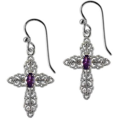 Bright Silver Open Cross with Amethyst Stone Earrings  - 