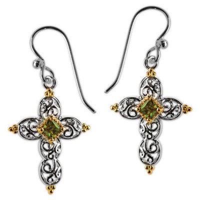 Silver Open Heart Cross with Gold and Olivine Cubic Zirconia Earrings  - 