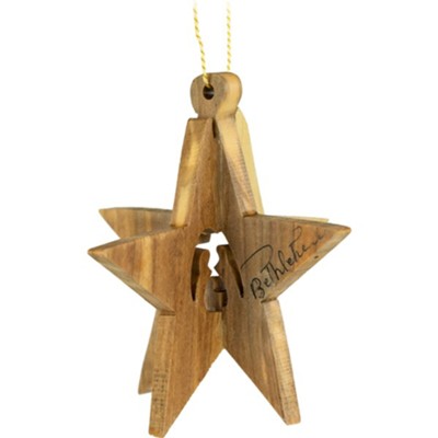 Bethlehem Star and Holy Family Holy Land Olive Wood 3D Hanging Christmas Ornament  - 
