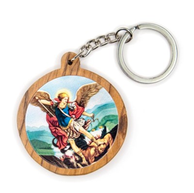 Archangel Saint Michael, Round, Holy Land Olive Wood Icon Keychain  - 