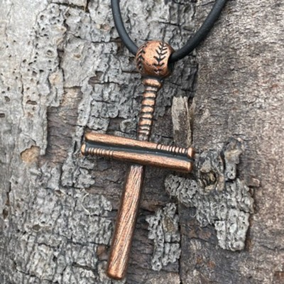 Baseball Bat Cross and Ball, Antique Copper, Rubber Cord, Black, Large  - 
