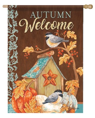 Autumn Welcome, Chickadee Birdhouse, Flag, Large  -     By: Diane Kater
