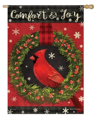 Comfort and Joy, Cardinal in Wreath, Flag, Large  -     By: Laura Freeman
