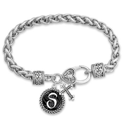 Cross and Initial, Letter S, Charm Bracelet, Silver and Black | from The Heart Jewelry