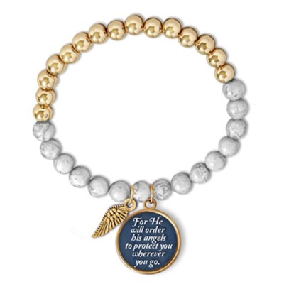 His Angels to Protect You Stretch Beaded Bracelet, Gold and Marble  - 