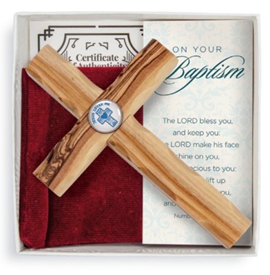 Boys Baptism Olive Wood Sacrament Cross with Prayer Card  - 