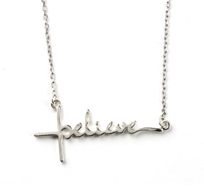 Believe Horizontal Cross, Words of Life, Sterling Silver Necklace  - 