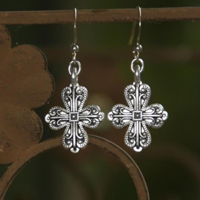 Old World Cross Earrings, Silver  - 