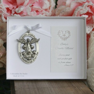 God's Angels Are Watching Over Me Angel Cradle Medal, White Ribbon  - 
