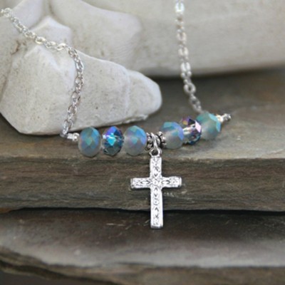 Cross Drop Pendant with Blue Faceted Crystals Necklace  - 
