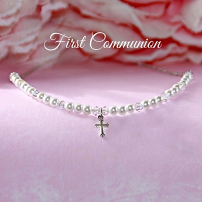 First Communion Cross, Pearls and Crystals Necklace  - 