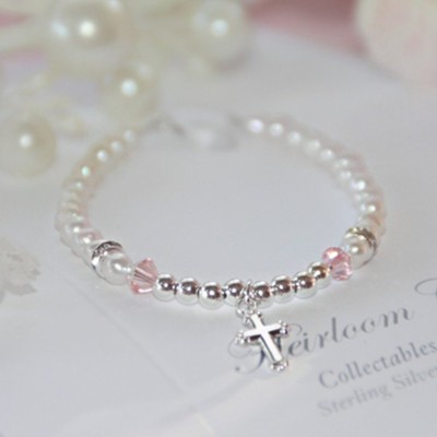 Freshwater Pearls & Sterling Silver Baby Bracelet with Cross         - 