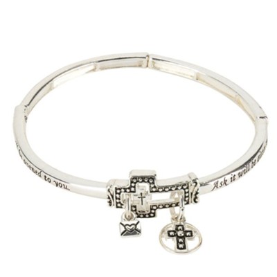 Ask Seek Knock Sideways Cross Stretch Bracelet, Silver 