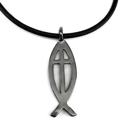 Jesus Fish Cross Necklace, Gunmetal, Black Cord - Christianbook.com