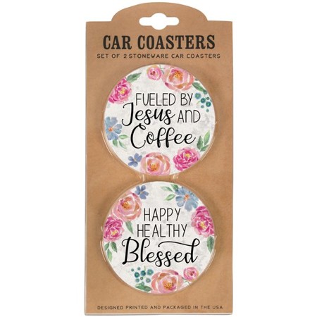 Fueled by Jesus and Coffee and Happy Healthy Blessed, Car Coasters ...