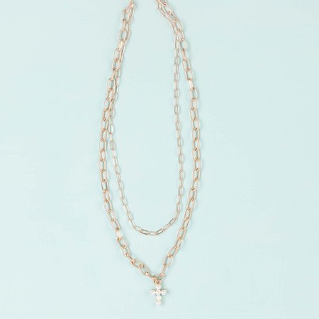 Double Layered Pearl Cross Paperclip Chain Necklace Mens 