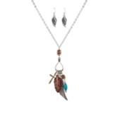 Cross and Feathers Necklace and Earring Set, Tri-Tone