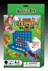 Classic 4 in row game is disc-dropping fun with Noah's Animals. Includes game tray grid, 21 red discs, 21 yellow discs and stickers
