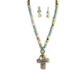 Faith, Hope, and Love Beaded Necklace and Earring Set, Cross Charm