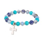 Beaded Stretch Bracelet with Cross Charm, Turquoise and Blue