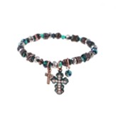 Turquoise Beaded Crystal Cross Charm Stretch Bracelet