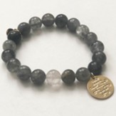 Pewter Genuine Stone Bead Stretch Bracelet with Gold Dipped Charm