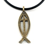 Jesus Fish Cross Necklace, Brass Finish, Black Cord
