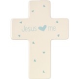 Jesus Loves Me Cross Boy Ivory w/Blue Hearts Ceramic
