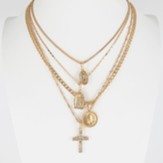 Three Row Cross Necklace with Charms, Goldtone