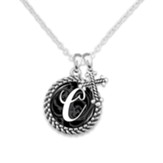 Cross and Initial, Letter C, Charm Necklace, Silver and Black