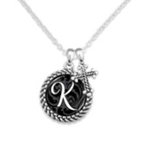 Cross and Initial, Letter K, Charm Necklace, Silver and Black
