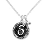 Cross and Initial, Letter S, Charm Necklace, Silver and Black