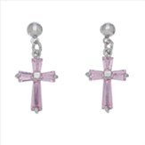 Cross, Cubic Zirconia Earrings, Rhodium/Pink, Boxed
