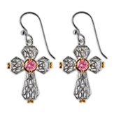 Silver Open Heart Cross with Gold and Pink Cubic Zirconia Earrings