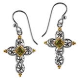 Silver Open Heart Cross with Gold and Olivine Cubic Zirconia Earrings
