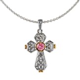 Silver Open Heart Cross with Gold and Pink Cubic Zirconia Necklace