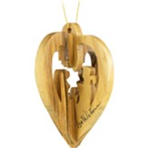 Heart and Holy Family Holy Land Olive Wood 3D Hanging Christmas Ornament