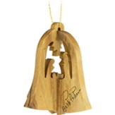 Bell and Holy Family Holy Land Olive Wood 3D Hanging Christmas Ornament