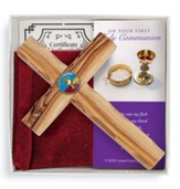 First Communion Olive Wood Sacrament Cross with Prayer Card