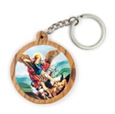 Archangel Saint Michael, Round, Holy Land Olive Wood Icon Keychain