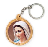Virgin Mary Medjugorje, Round, Holy Land Olive Wood Icon Keychain