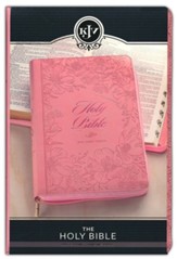 KJV Large-Print Thinline Bible--soft leather-look, pink with zipper