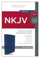 NKJV Single-Column Reference Bible, Comfort Print--genuine leather, blue