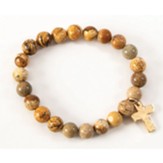 Stone Bead Cross Braclet, Brown And Gold