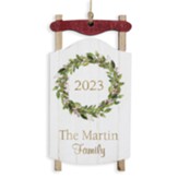 Personalized, Sled Ornament, Wreath, with Family Name, White