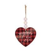 Wonders of His Love, Heart Ornament with Beads, Red Buffalo Check