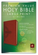 NLT Premium Value Slimline Bible,  Large Print, Cross, Imitation Leather, Sienna with Cross Design